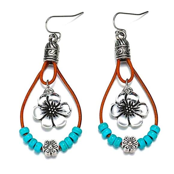 Silver Vintage Handmade Turquoise Daisy Dangle Earrings - Picture 5 of 6